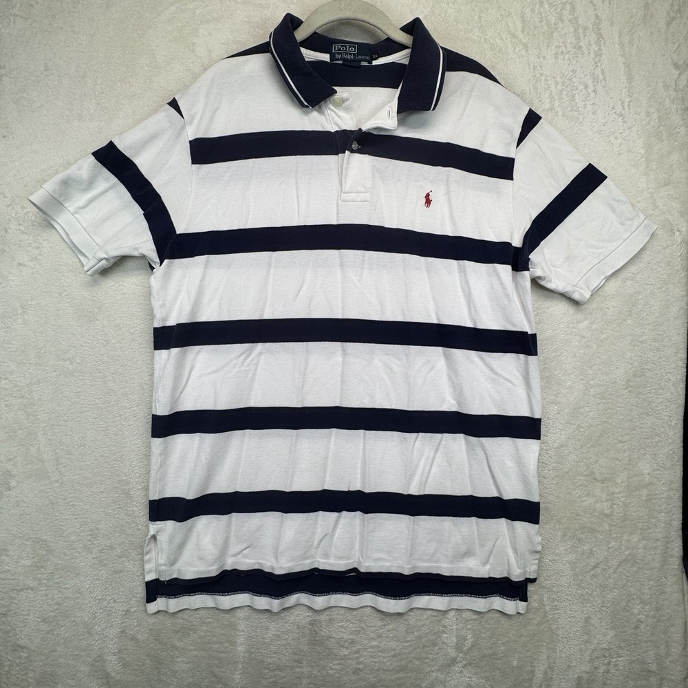 Polo Ralph Lauren Polo Shirt Men's XL White Navy Stripe Short Sleeve Classic Fit